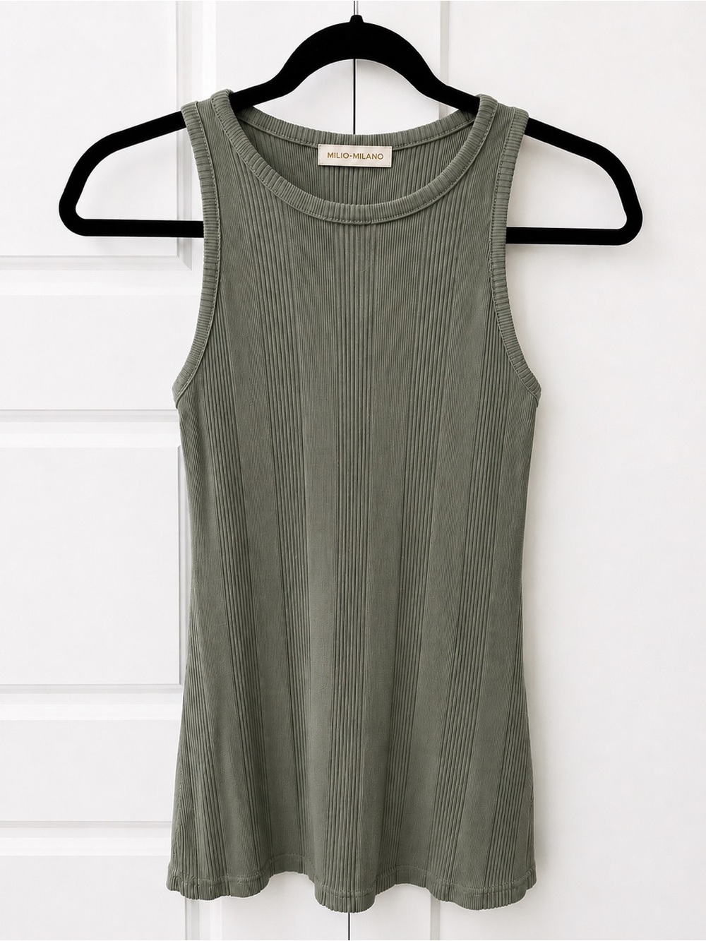 MILIO-MILANO Olive Green Ribbed Fitted Tank Top M